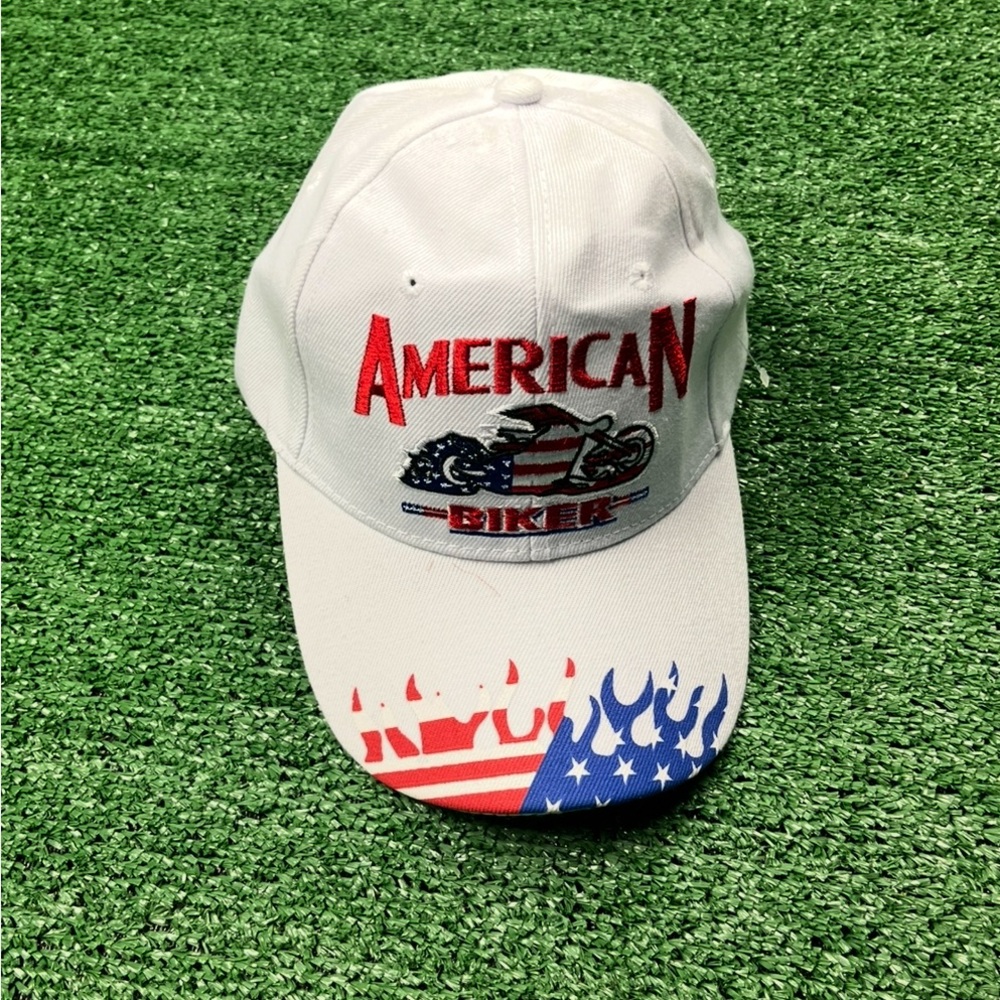 American Biker White Custom Cap with Red and Blue Design